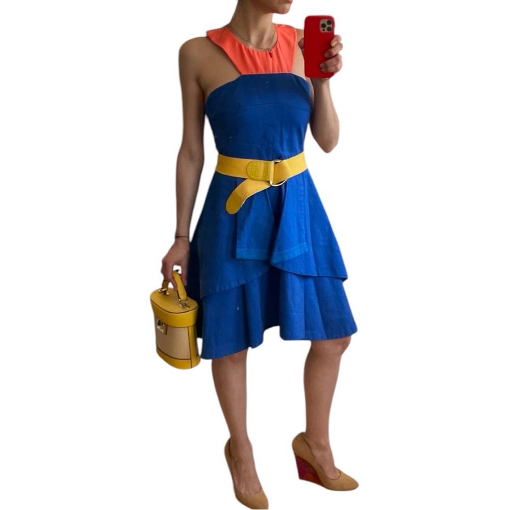 Blue and Orange Denim Asymmetrical Halter Dress 100% Cotton Cutout Shoulder sz S - Picture 4 of 15